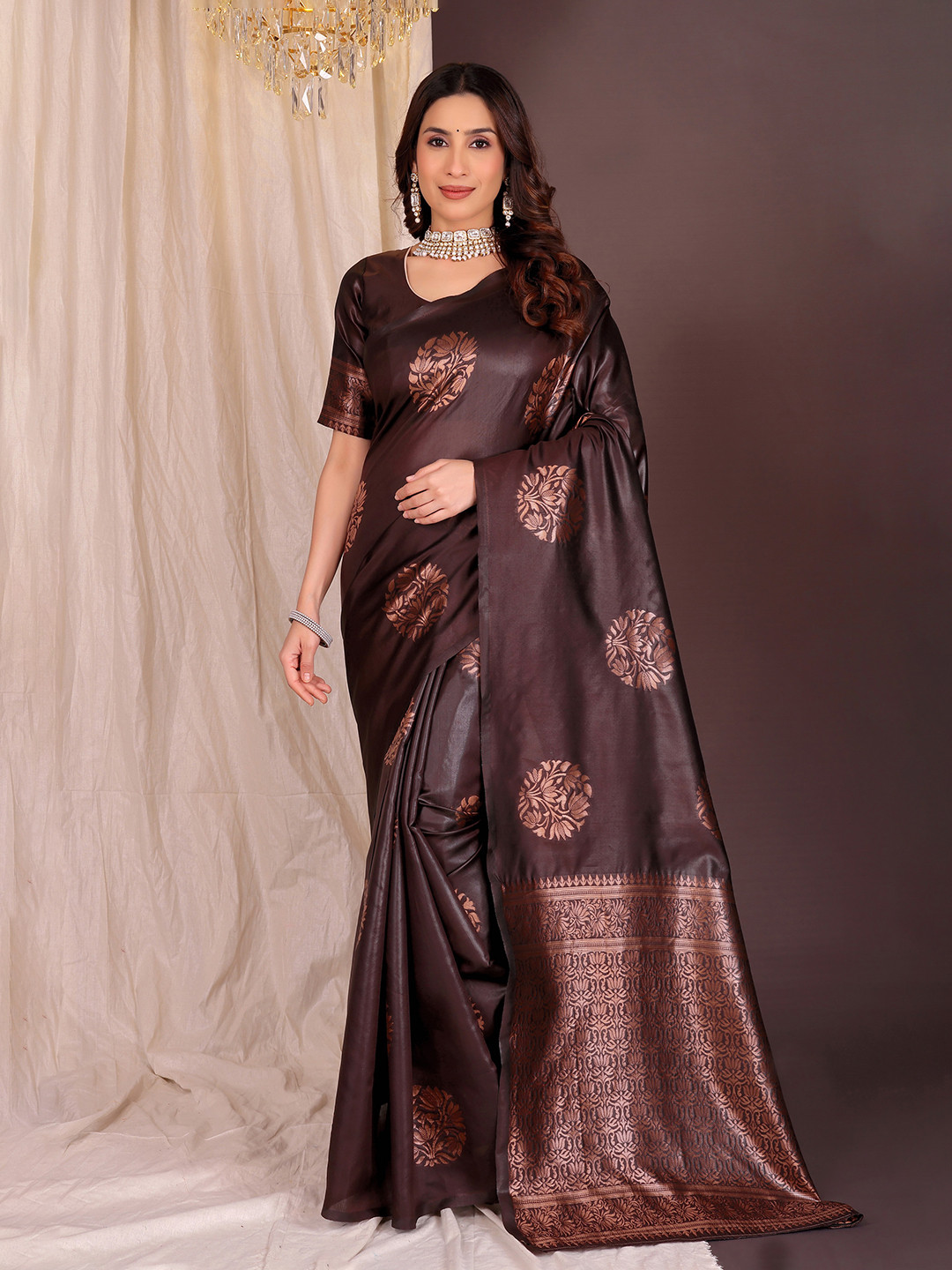 KALINI Coffee Brown Silk Blend Woven Design Sarees