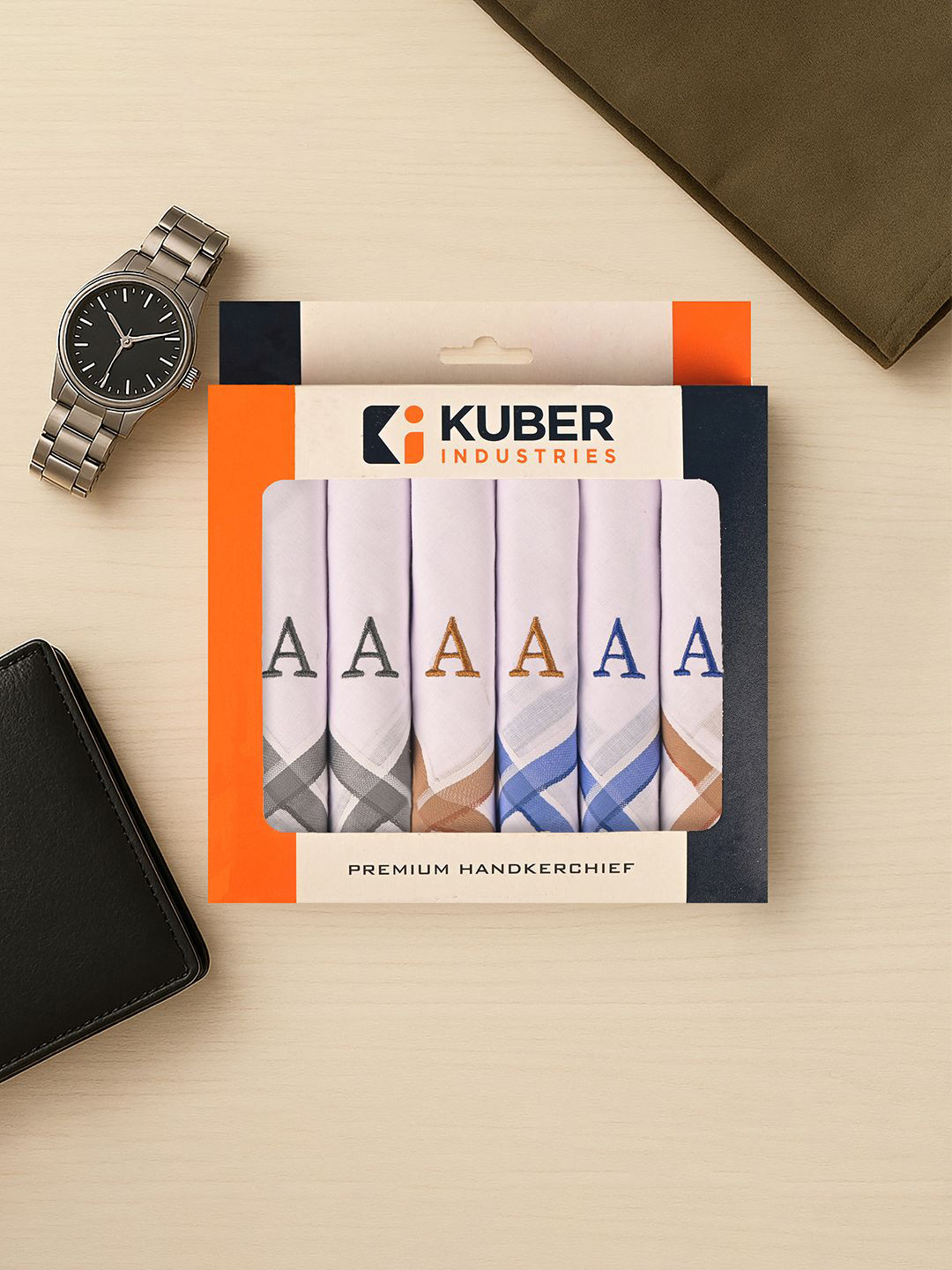 Kuber Industries 6 Pcs Monogram Letter A Embroidery Border Pure Cotton Handkerchiefs