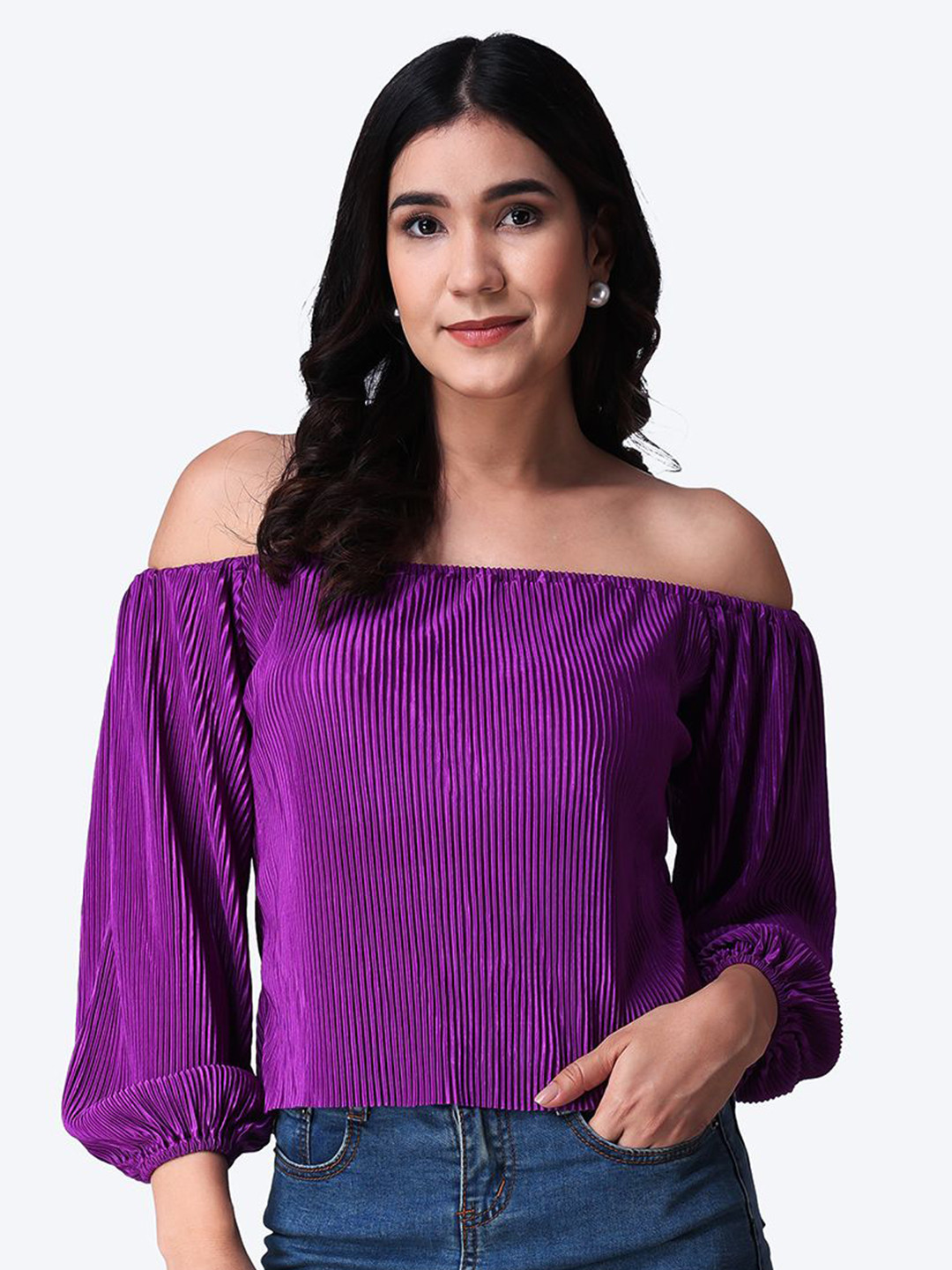 Popwings Women Self Design Off-Shoulder Crop Top