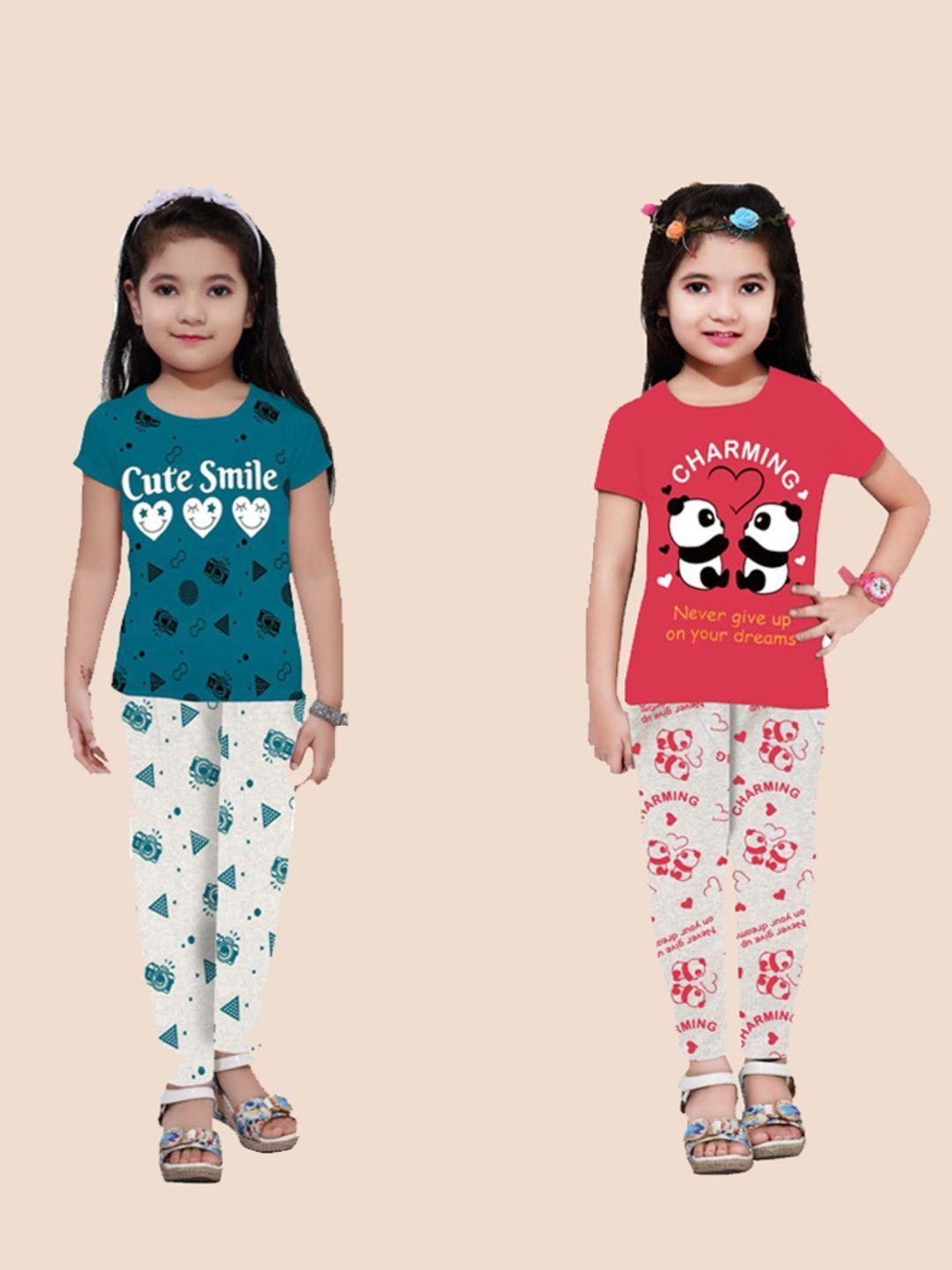 Veecap Girls Pack of 2 Printed T-shirt with Pyjamas