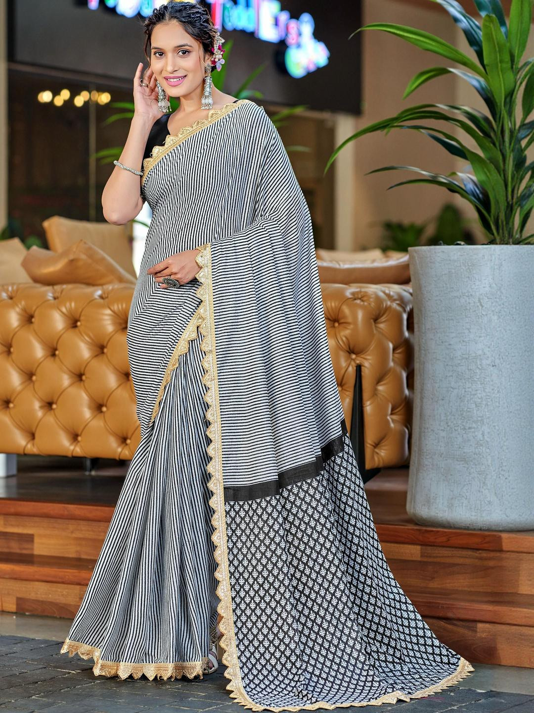 KALINI White Cotton Blend Printed Sarees