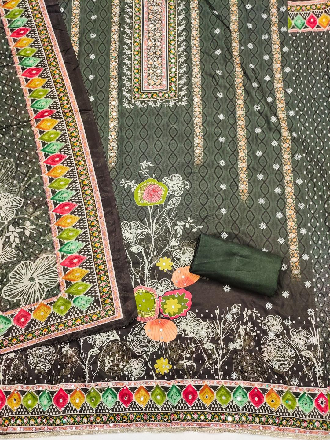 KALINI Olive France Silk Digital Print Mirror & Diamond Work Unstitched Dress Material