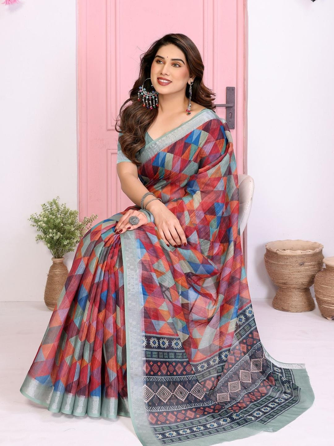 vj fashion Multi Linen Blend Printed Sarees