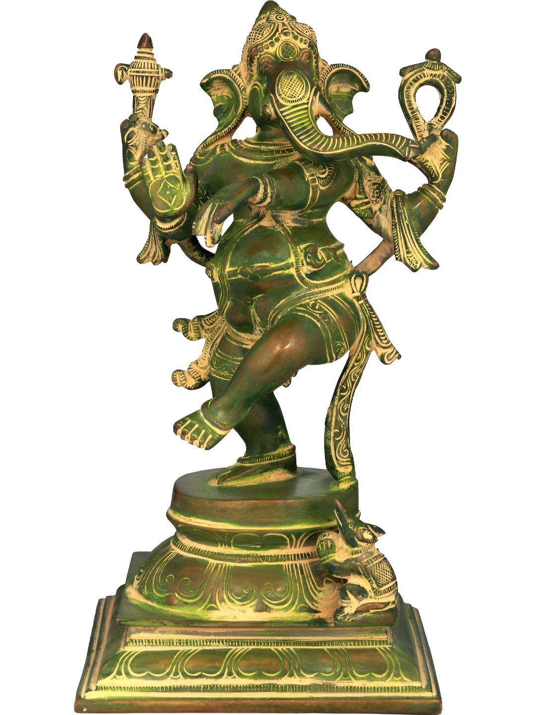 Exotic India Green & Gold-Toned Adorably Dancing Ganesha Religious Idol Showpiece