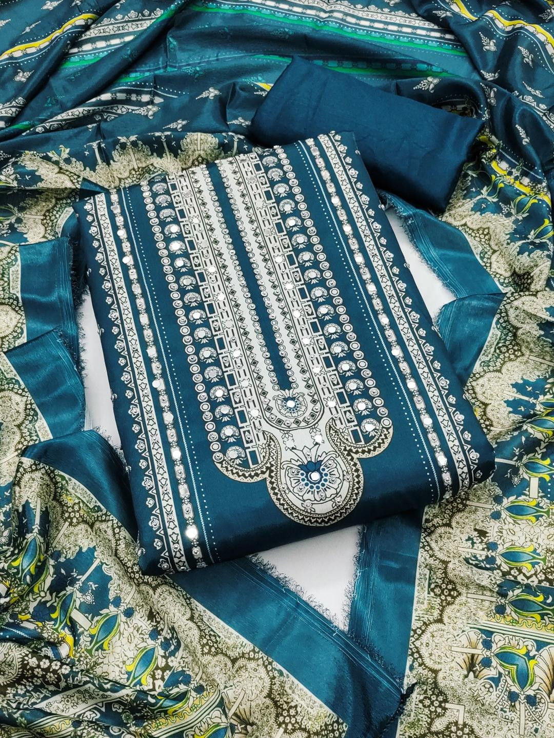 KALINI Teal France Silk Digital Print Mirror & Diamond Work Unstitched Dress Material