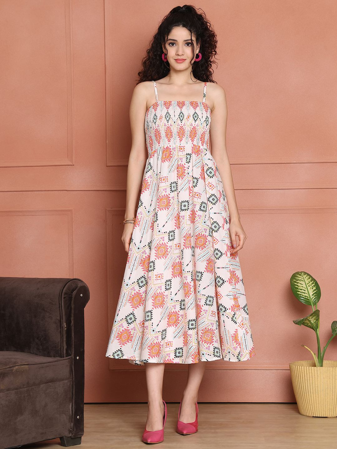 Aawari Women Floral Printed Square Neck Fit & Flare Midi Dress