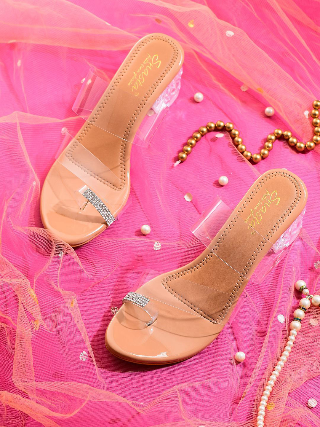 Snasta Women Transparent Stone Studded Block Heels