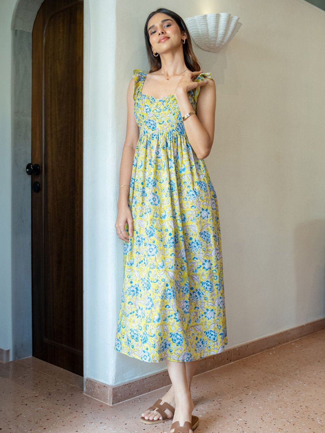 YURAA THE LABEL Women Cotton Floral Printed Smocked Flutter Sleeves Fit & Flare Maxi Dress