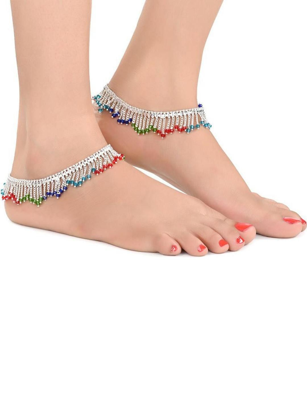 WomenSky Pack of 2 silver payal multicolour Alloy Anklet