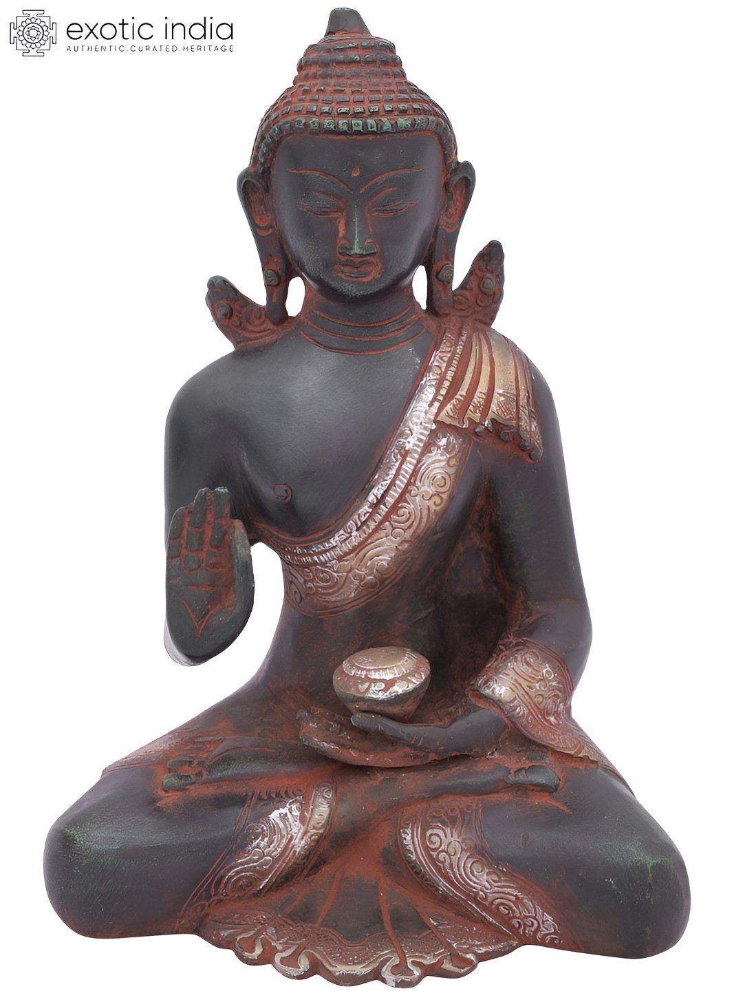 Exotic India Black & Silver-Toned Buddha in Vitark Mudra Idol Showpiece