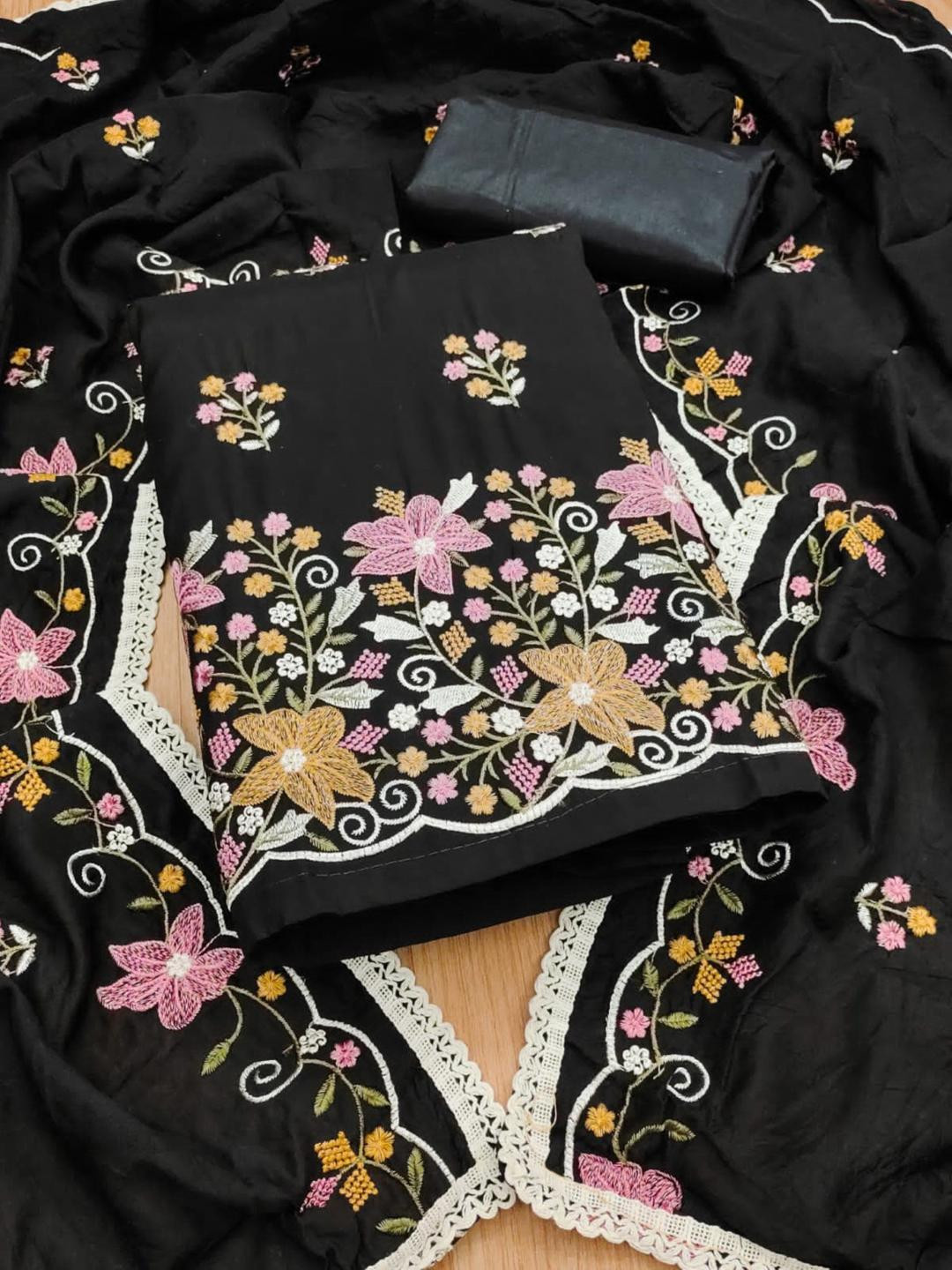 KALINI Black Cotton Silk Daman Work Embroiderd Unstitched Dress Material