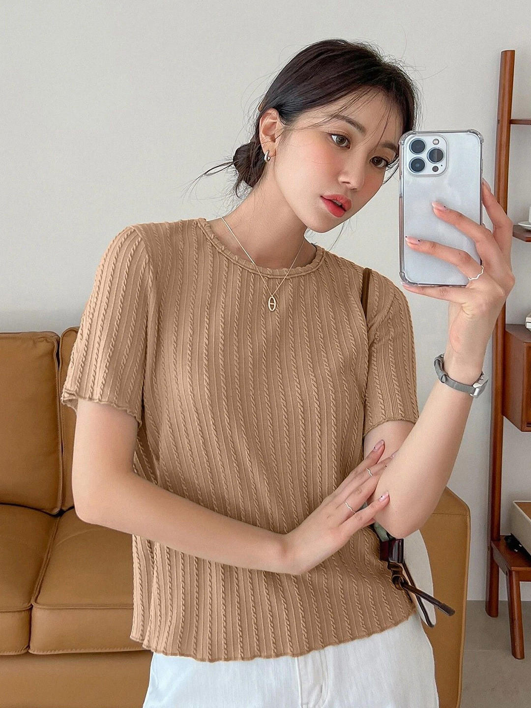 4WRD by Dressberry Women Vertical Stripes Self Design Round Neck Top