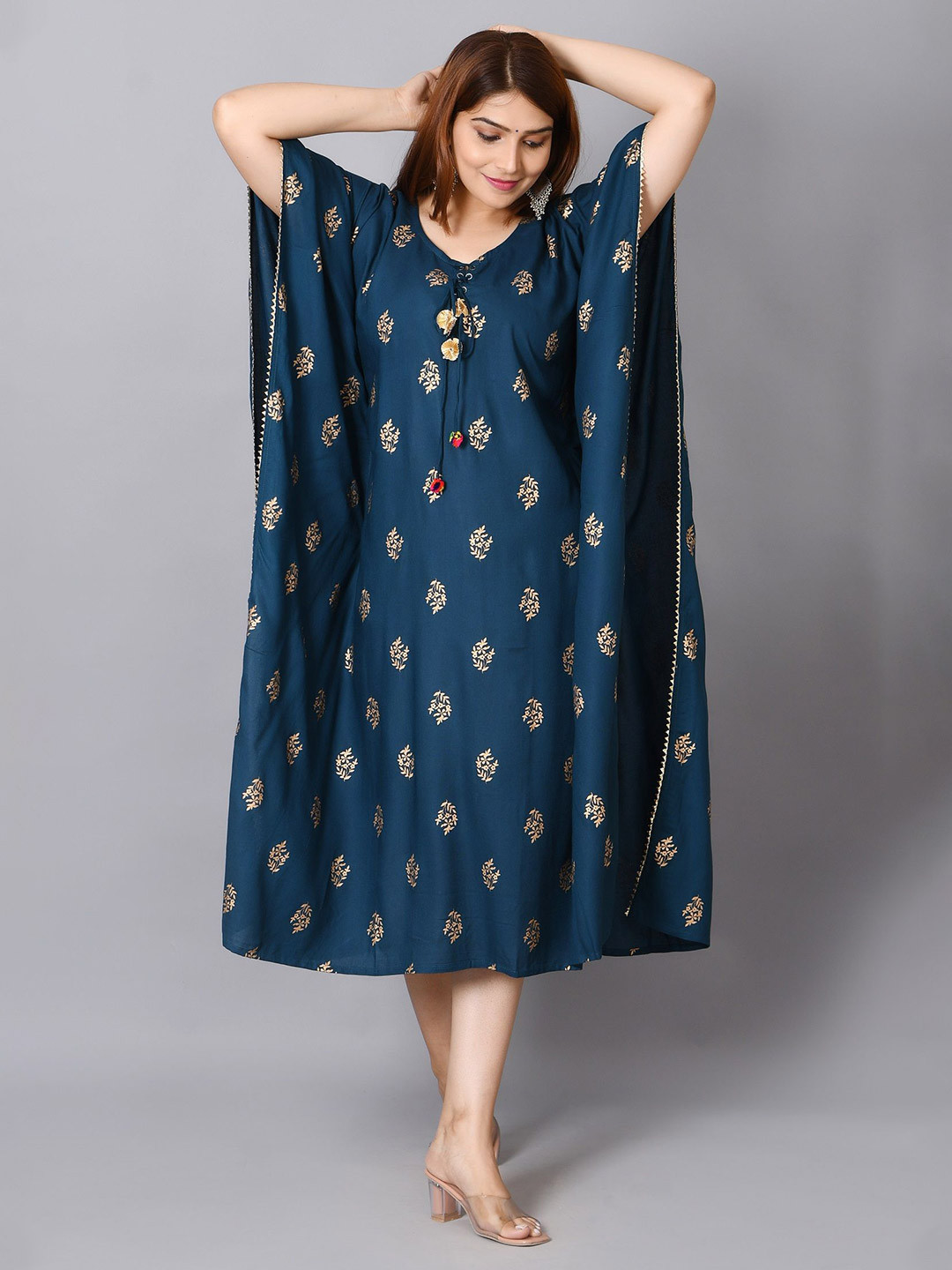 Billion Women Floral Printed Flowing Sleeves Kaftan Midi Dress
