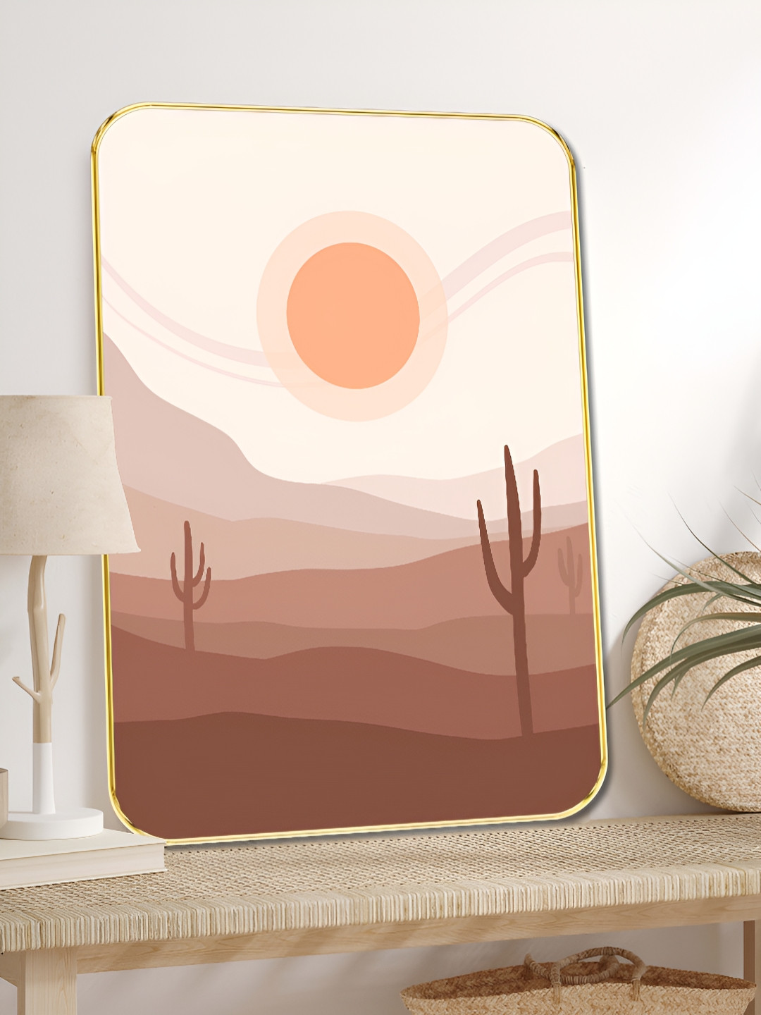 SAF Beige & Brown Desert Sunset Landscape Wooden Wall Art