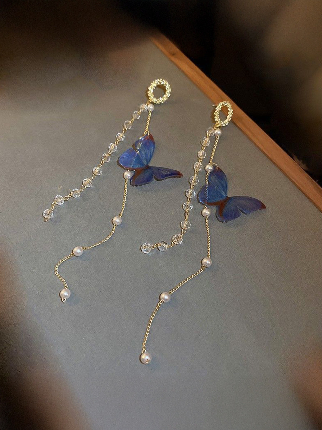 DressBerry Korean Gold-Plated American Diamond & Pearls Butterfly Animal Drop Earrings