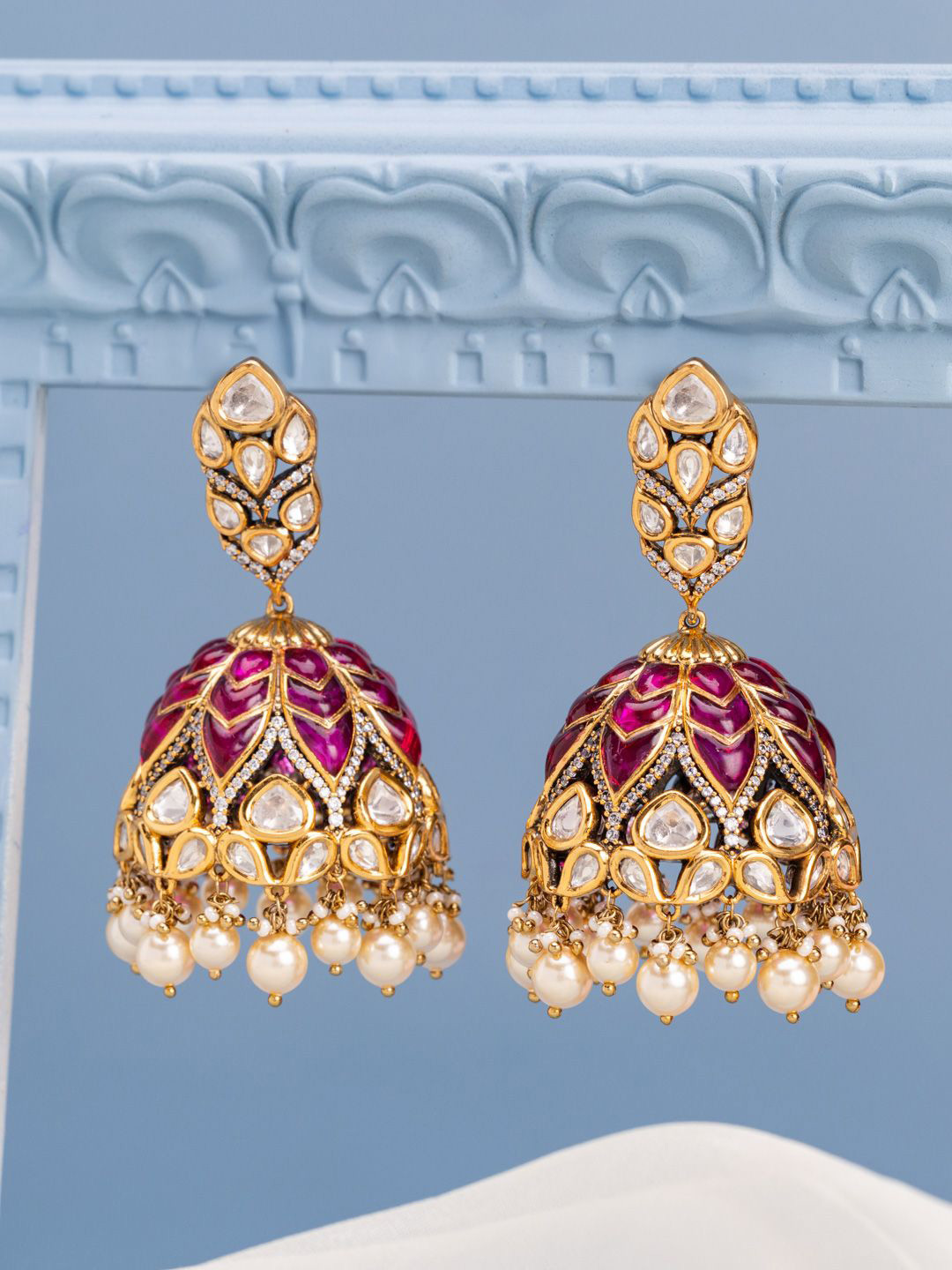 Kushal's Fashion Jewellery Victorian-Plated Dome Shaped Kundan Studded Jhumkas