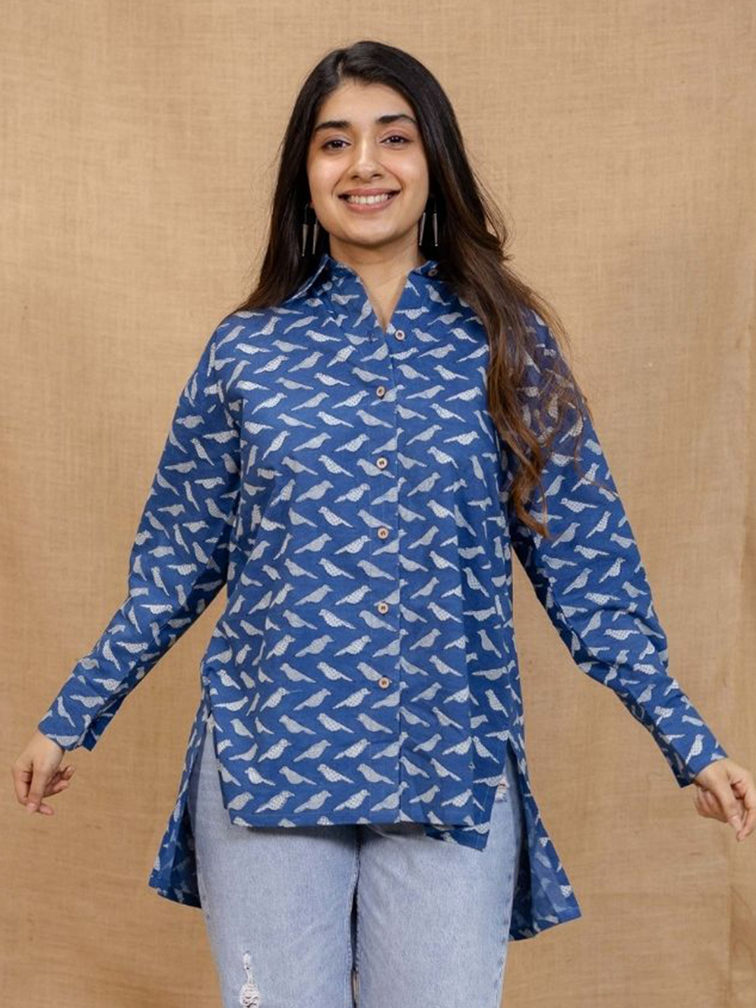 THE INDIAN ETHNIC CO Women Conversational Print Indigo Dabu Cotton Shirt Style Top