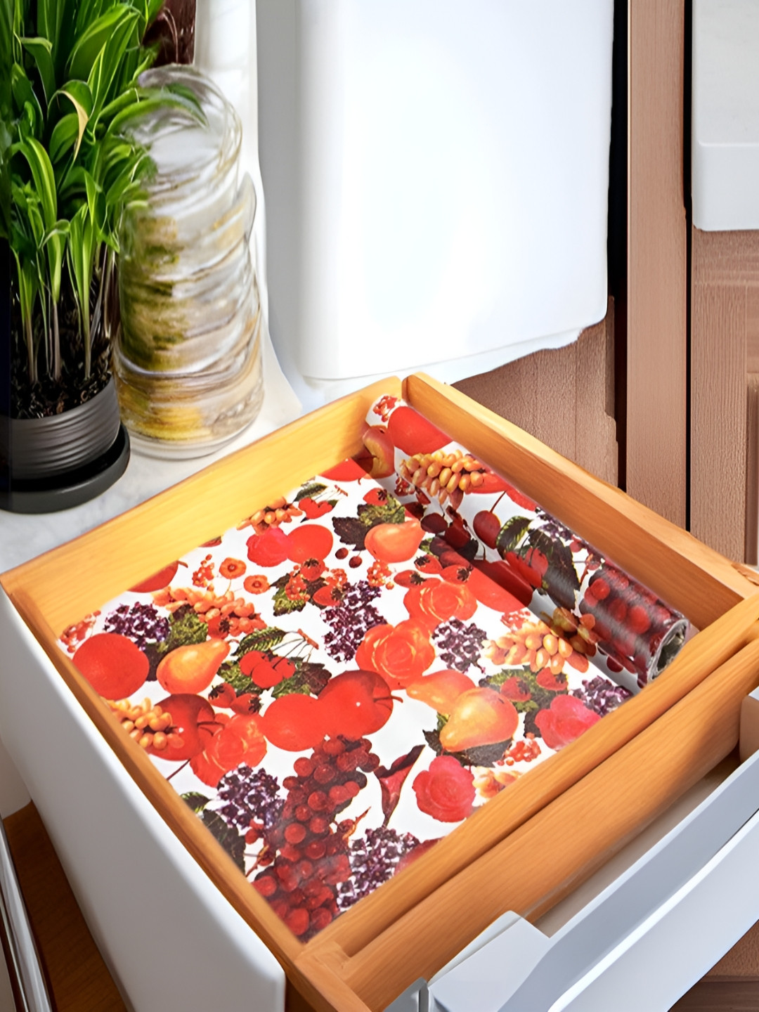 Aura White & Orange Colored Printed Water Resistant Anti-Slip Shelf Liner Organiser
