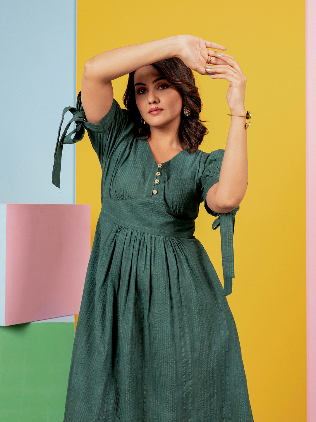 Aralia Women Self Design V-Neck Fit and Flare Midi Dress