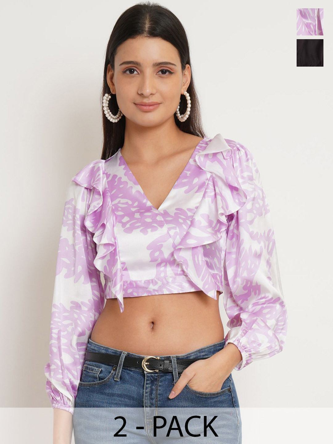 IX IMPRESSION Pack Of 2 Print Puff Sleeve Blouson Crop Top