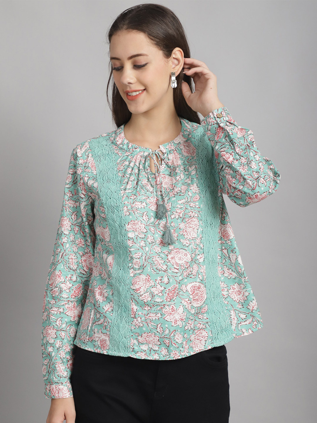 Moda Rapido Sea Green Floral Tie-up Neck Cotton Top