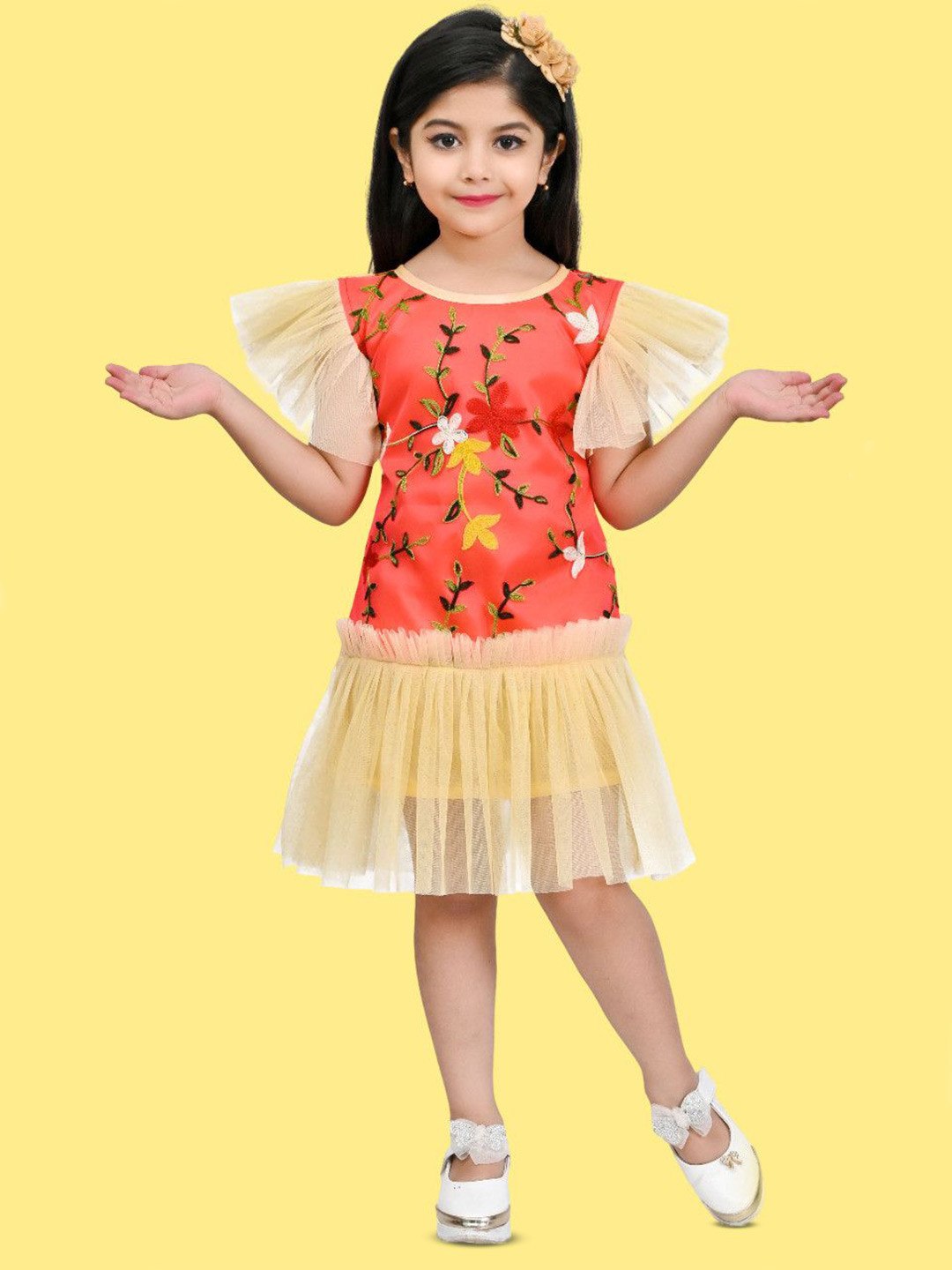 FASSY Girls Floral Embroidered Drop-Waist Dress