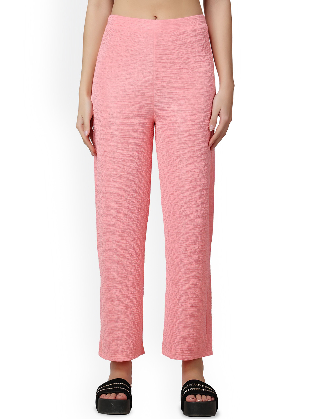 Popwings Women Relaxed Straight Leg Self Design Straight Fit Wrinkle Free Trousers