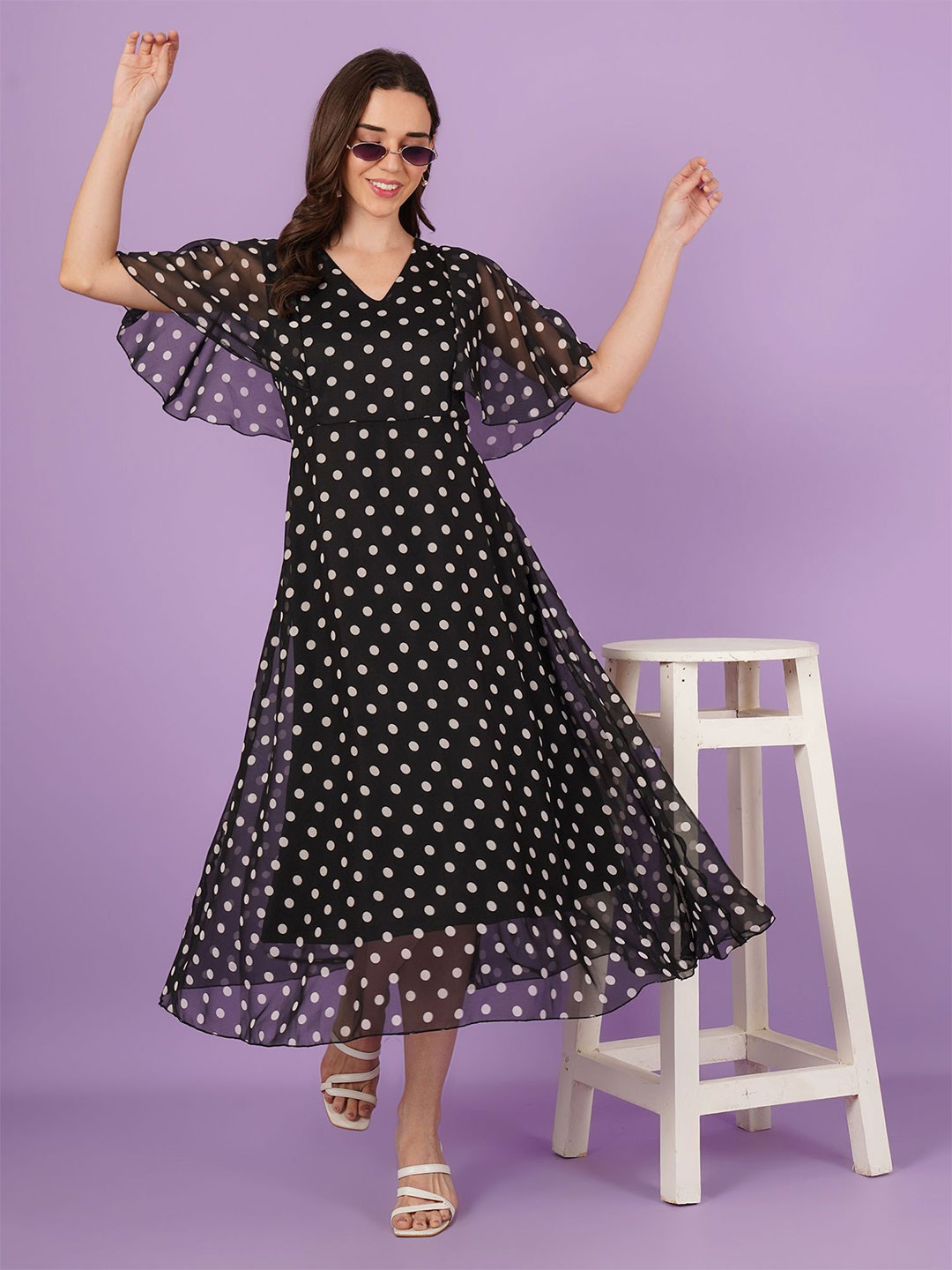 Curvydrobe Women Polka Dot Printed Flared Sleeve Georgette A-Line Maxi Dress