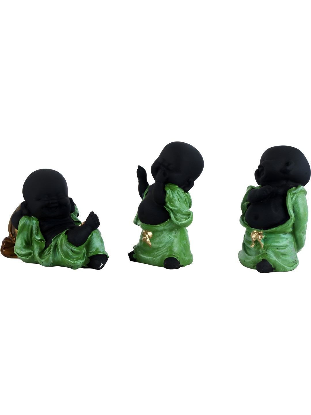 Aura Laughing Monk Black Marble Glossy Living Room Set of 3 Small Showpieces - 2.8 Inches