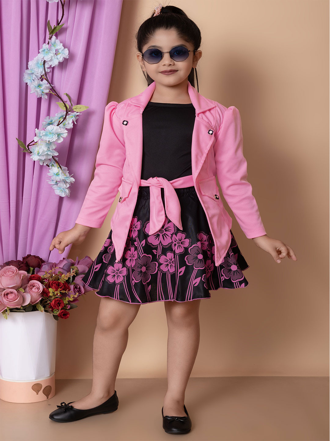 FASSY Girls Floral Printed Above Knee Fit & Flare Dress