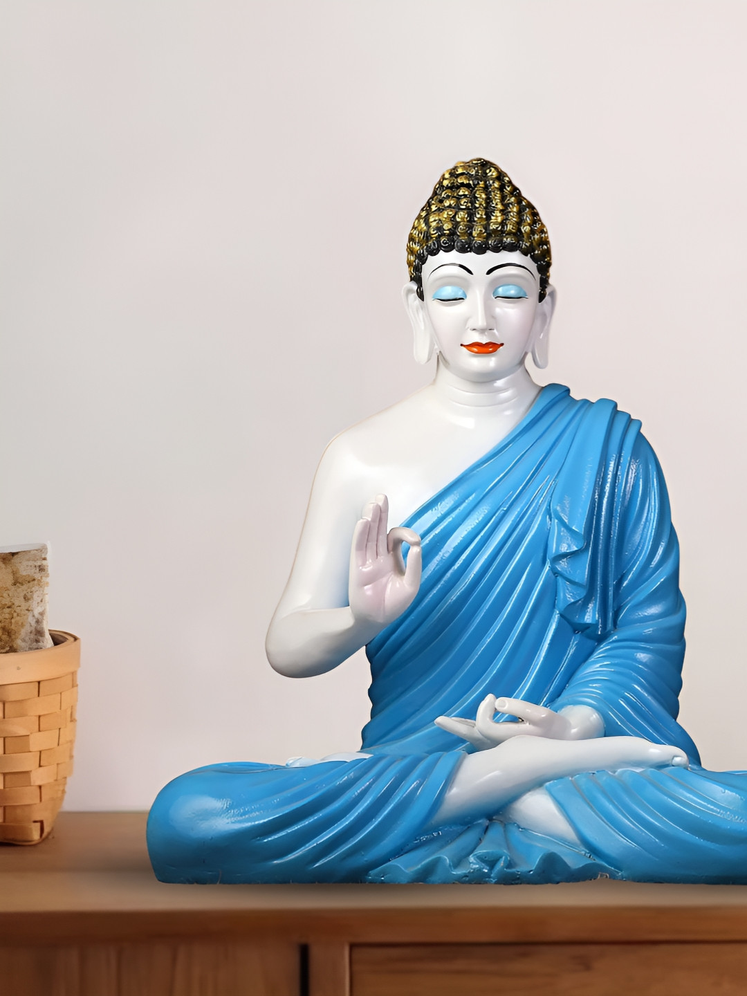 Aura Buddha Blue Polyresin Matte Home Office Medium Showpiece - 14.2 Inches