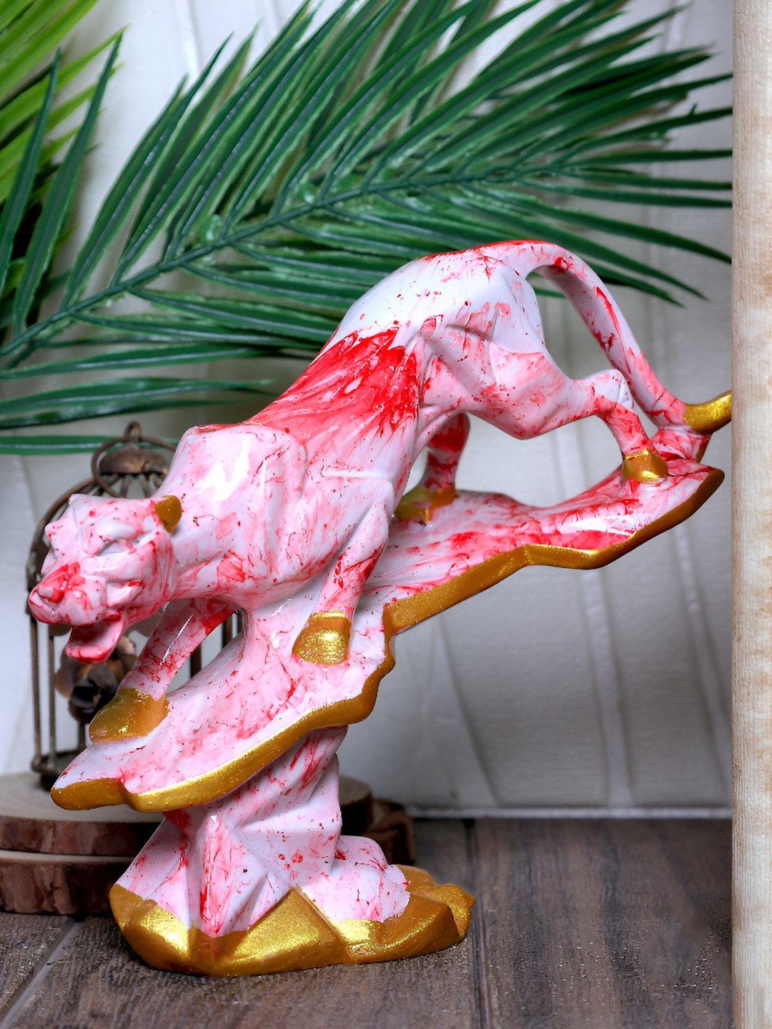 Aura Jaguar Standing with Tree White Polyresin Metallic Living Room Small Showpiece - 7.9 Inches