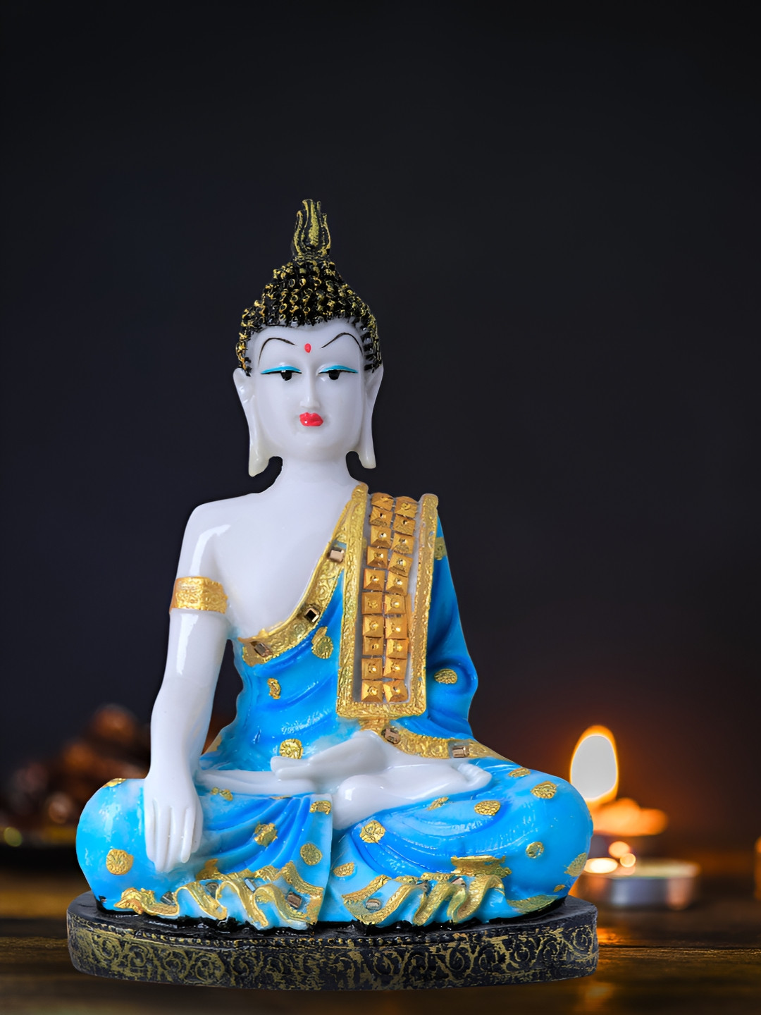 Aura Hand Down Buddha White Marble Glossy Home Office Lights Small Showpiece - 9.8 Inches