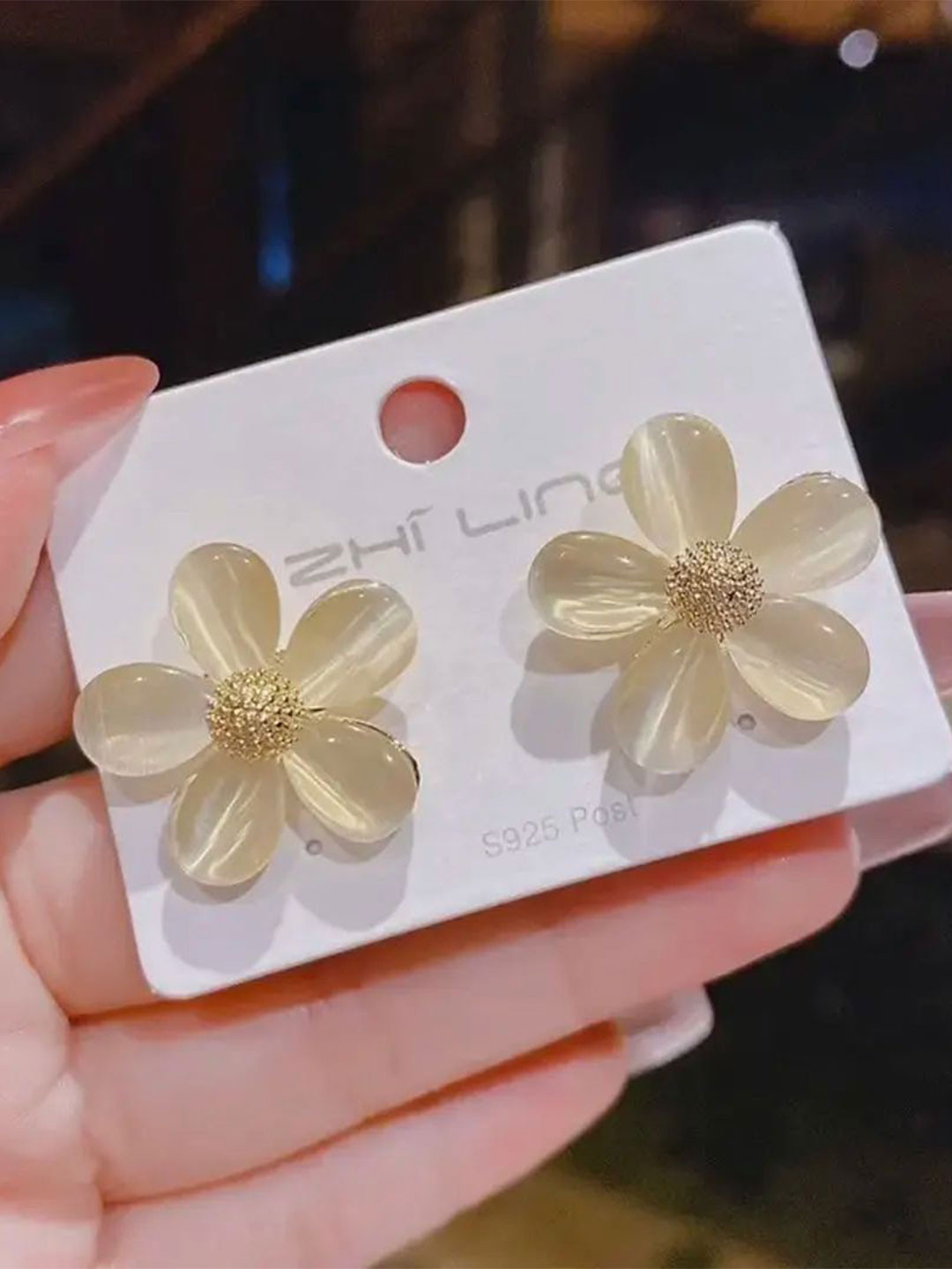 AGARWALPRODUCT Gold-Plated Cat Eye Opal Studded Floral Drop Earrings