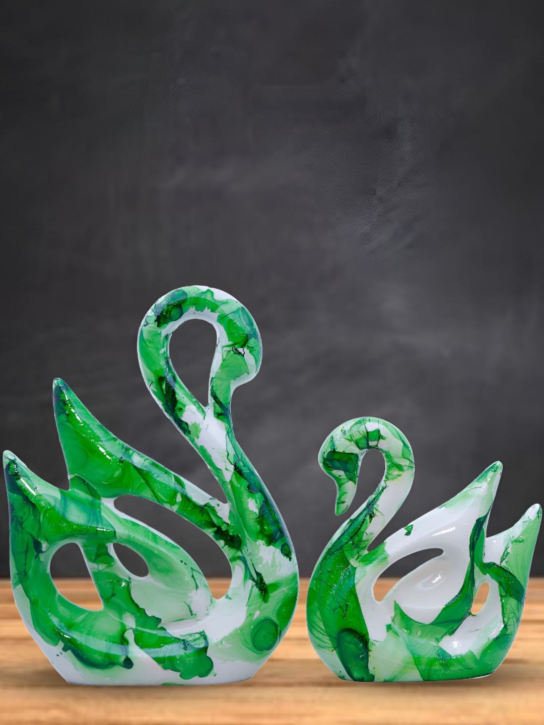 Aura Swan Couple Green Polyresin Glossy Living Room Set of 2 Small Showpieces - 9.8 Inches