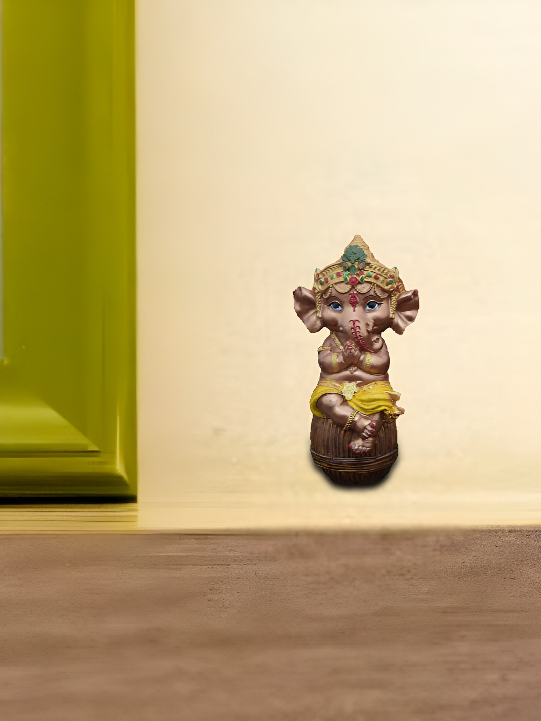 Aura Ganesha Tabla Brown Polyresin Natural Living Room Small Showpiece - 2.4 Inches