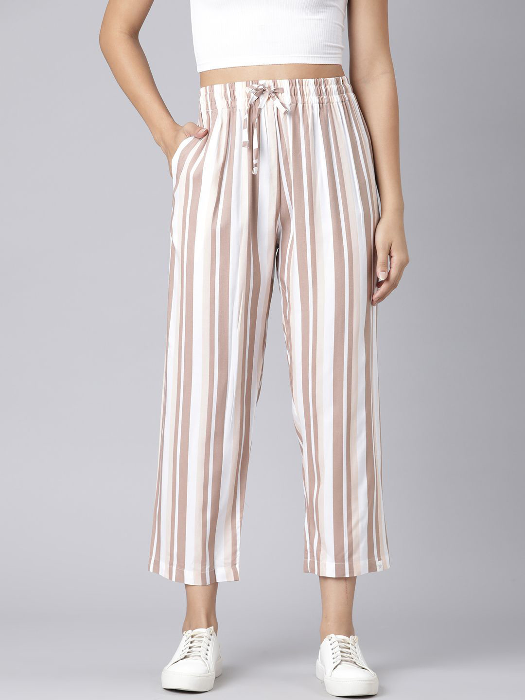 TWIN BIRDS Women Natural Vanilla High-Rise Striped Palazzo Pants