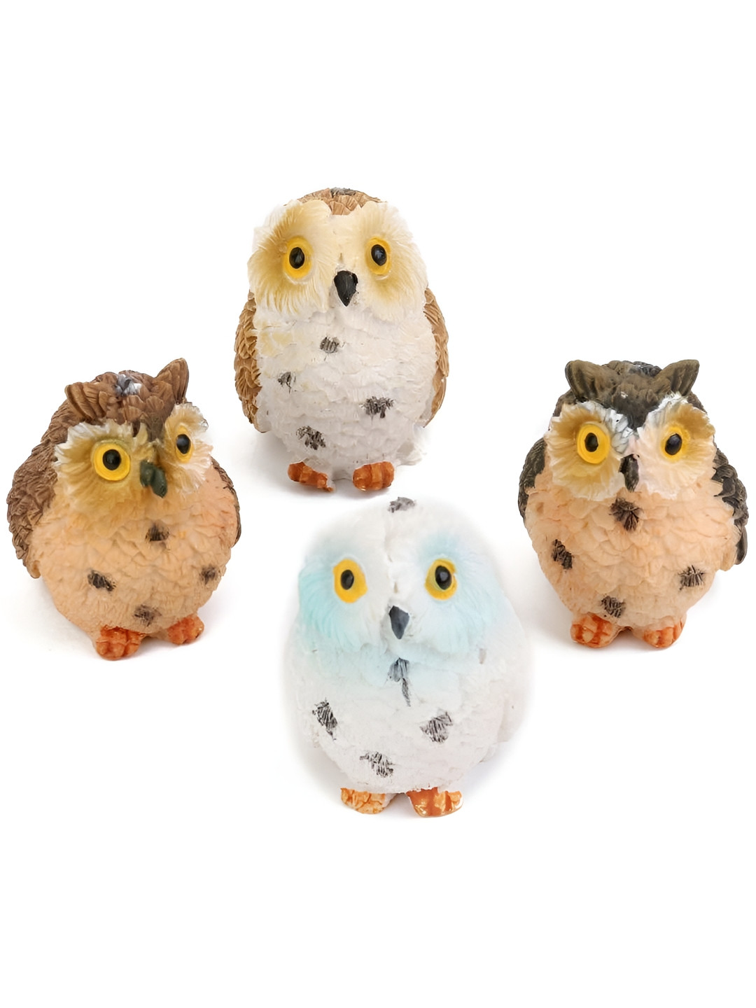Aura Mini Owl Brown Polyresin Glossy Garden Set of 4 Small Showpieces - 1.4 Inches