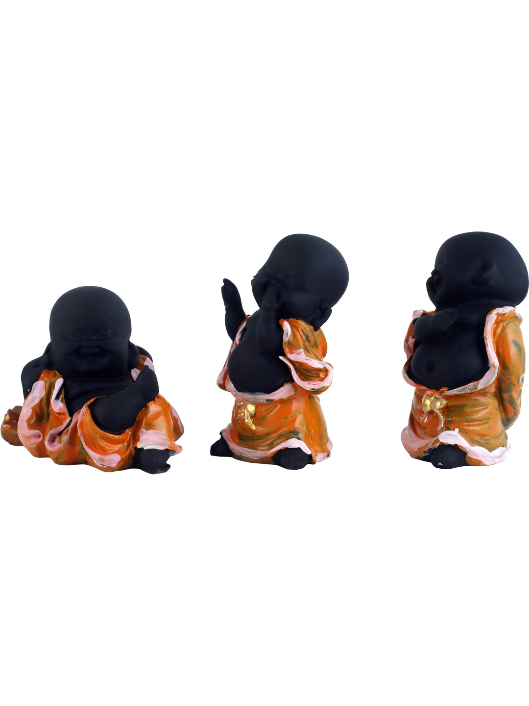 Aura Mini Laughing Monk Black Marble Glossy Living Room Set of 3 Small Showpieces - 2.8 Inches