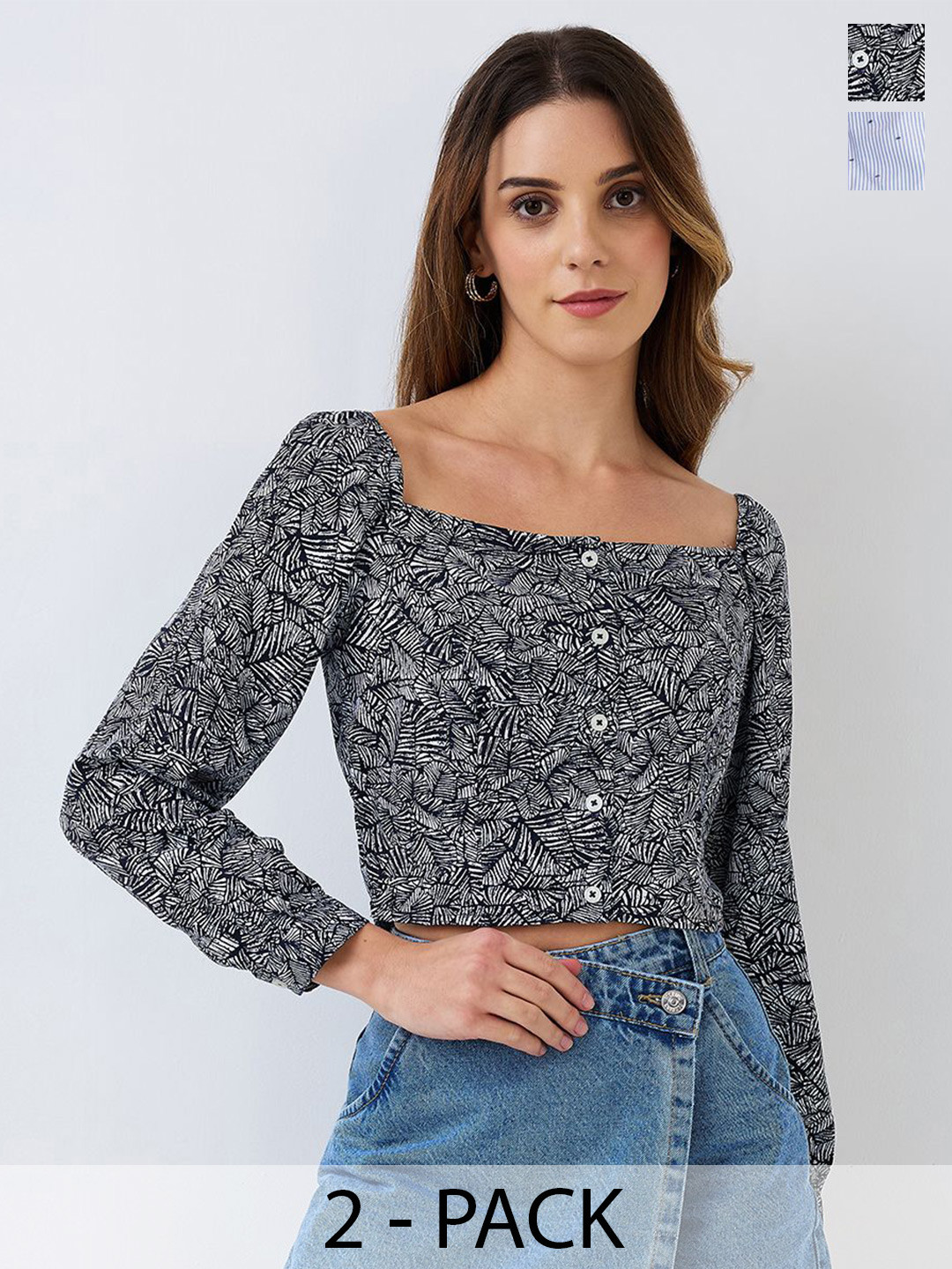IX IMPRESSION Pack Of 2 Printed Blouson Crop Top