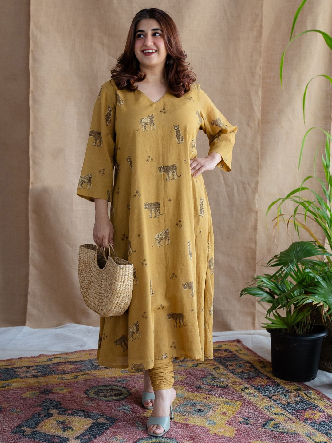 THE INDIAN ETHNIC CO Women Mustard A-Line Ajrakh Mul Cotton Kurta