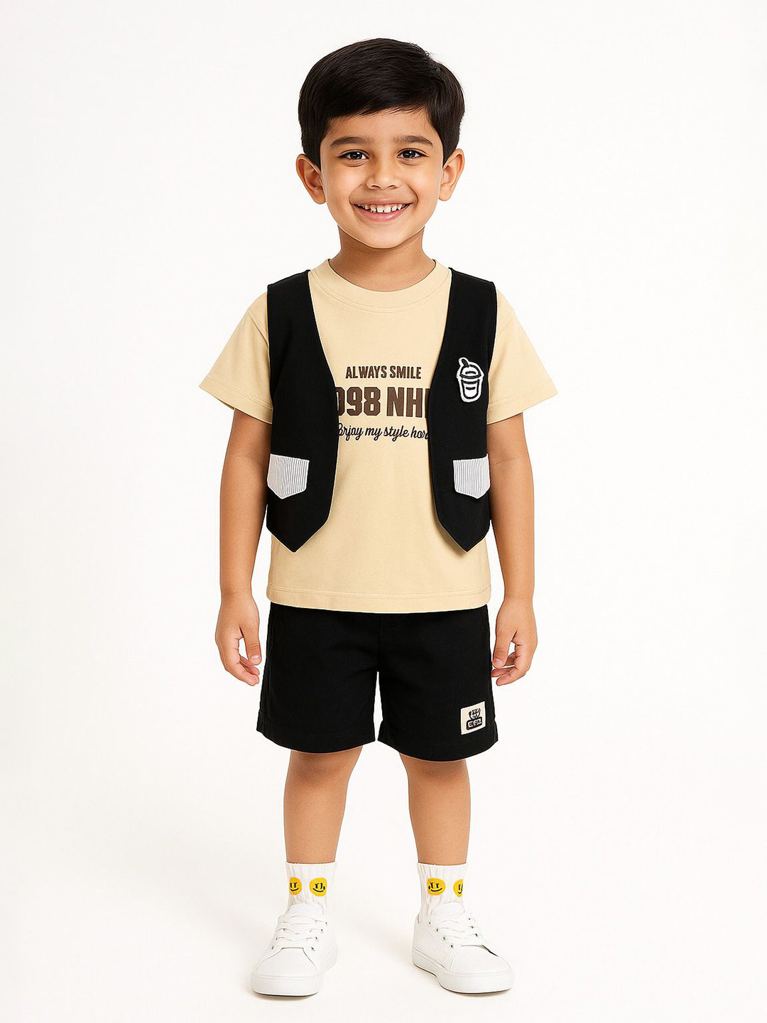 POP STREET KIDS Boys Printed Short Sleeves T-shirt With Shorts and Jacket