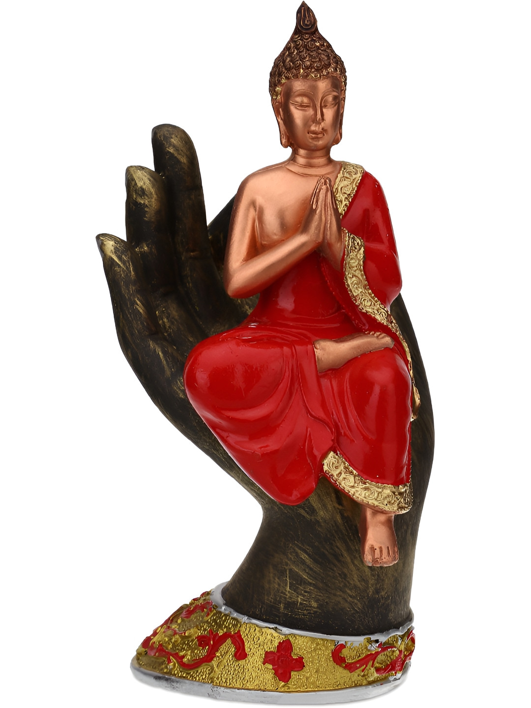 Aura Hand Buddha Red Polyresin Glossy Living Room Medium Showpiece - 9.1 Inches