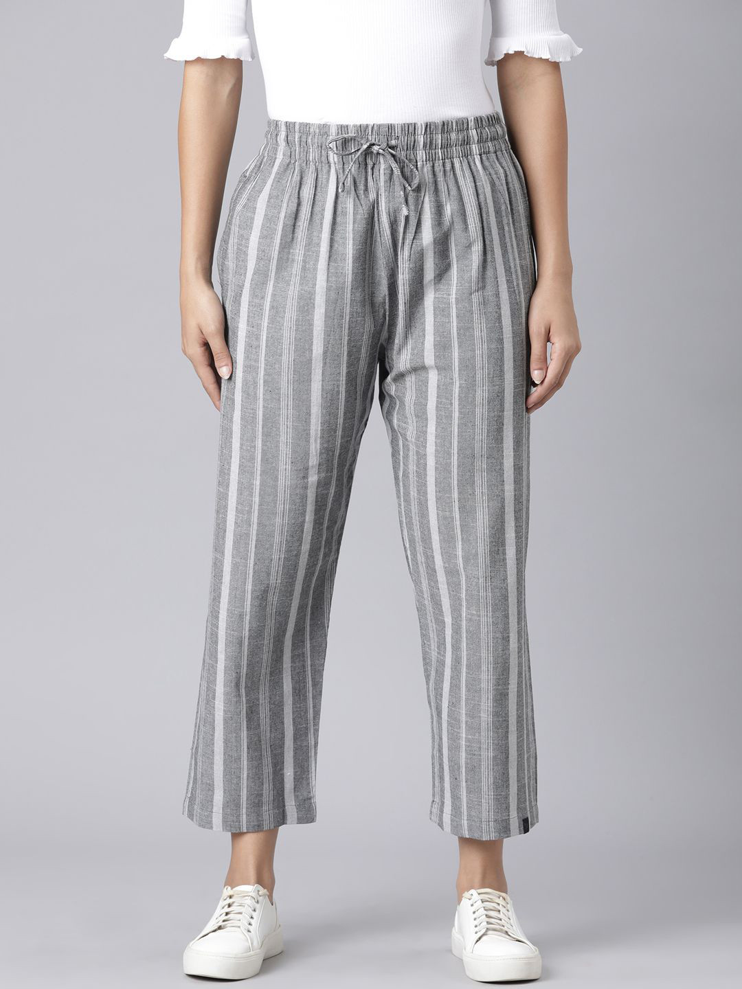 TWIN BIRDS Women Fog Grey High-Rise Striped Palazzo Pants