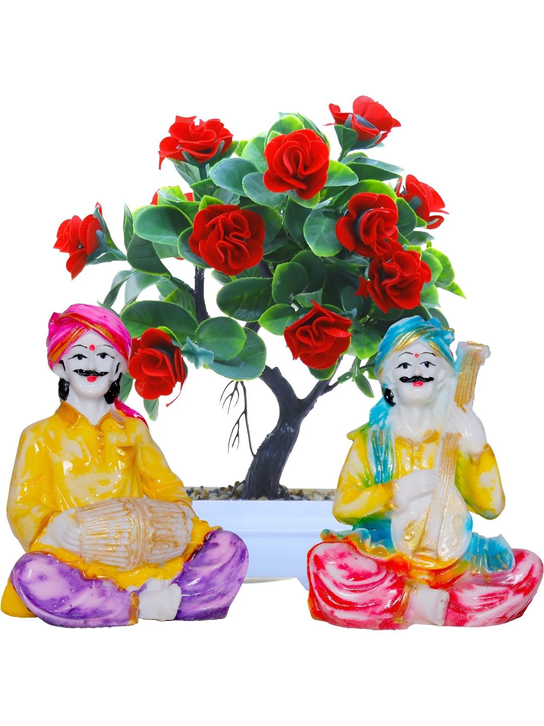 Aura Rajasthani Musicians with Artificial Plant White Polyresin Matte Living Room Set of 3 Small Showpieces - 4.3 Inches