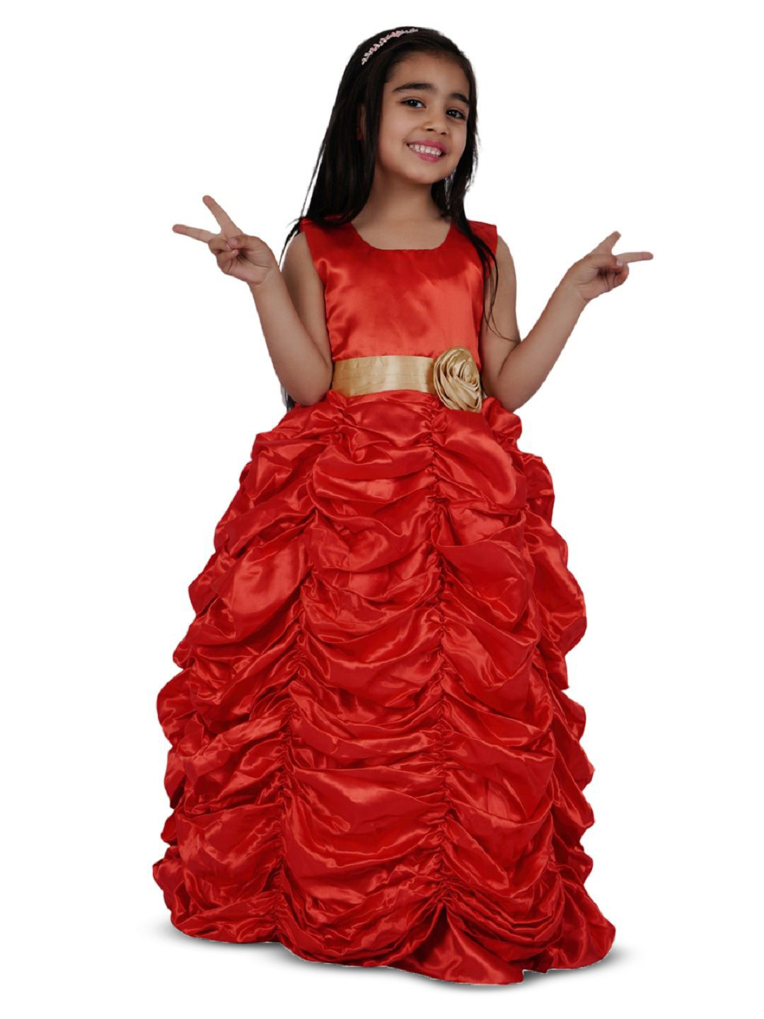 Shahina Fashion Girl's Self Design Round Neck Satin Fit and Flare Maxi Dress