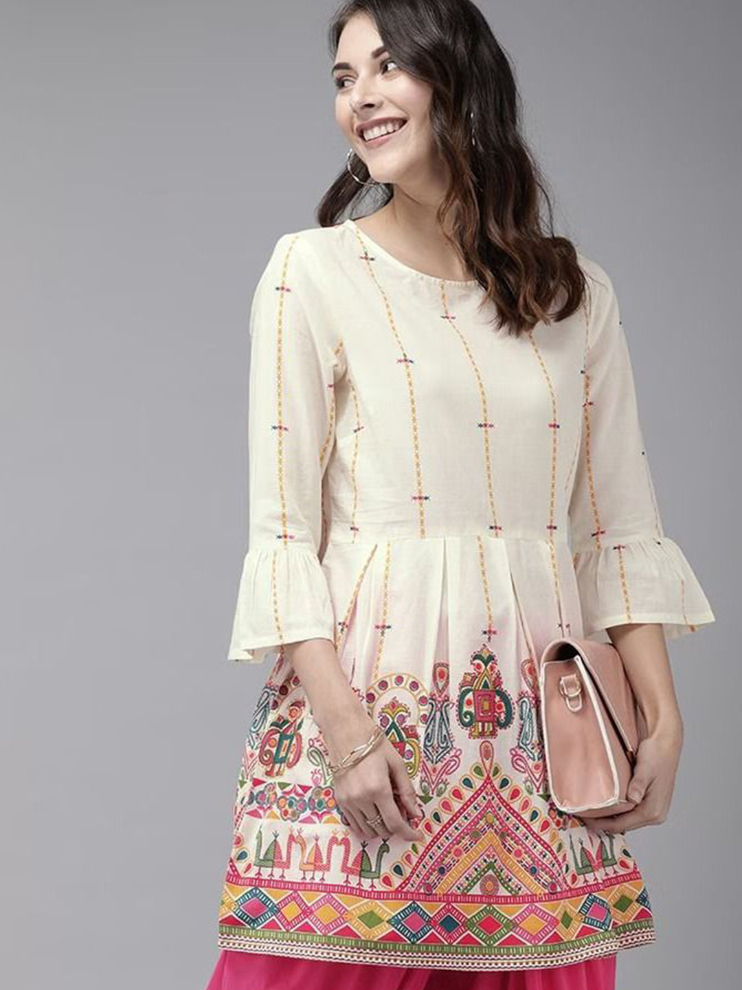 NEW RJP CRAFT Women's Floral Print Bell Sleeve Cotton Top