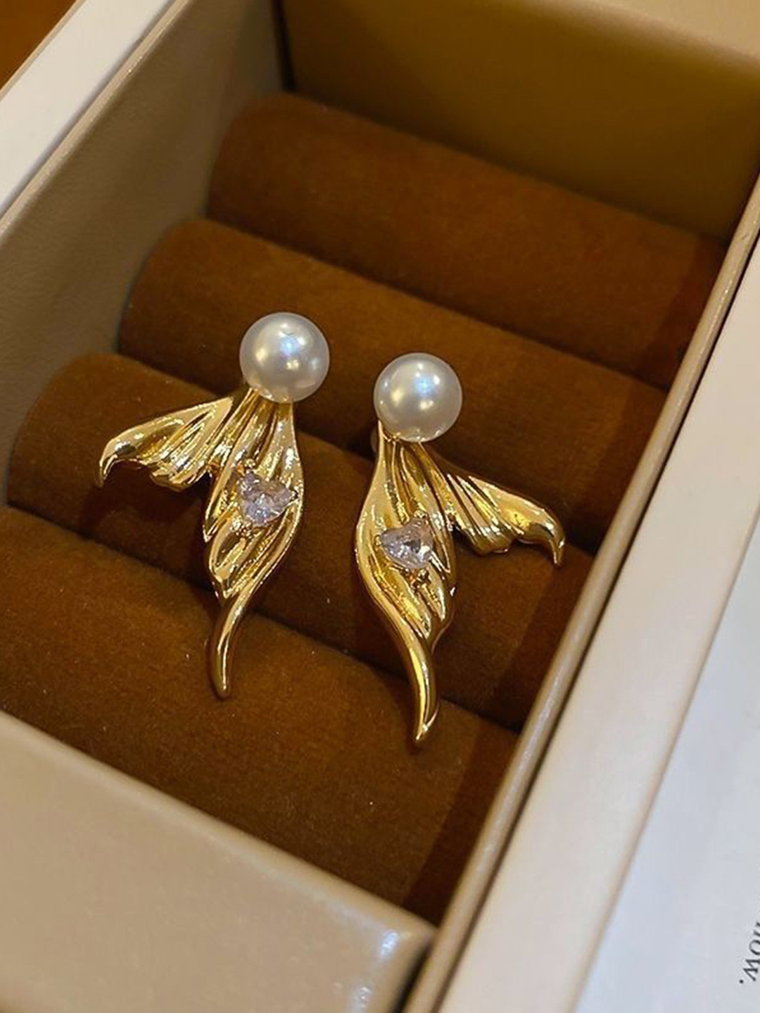 AGARWALPRODUCT Gold Plated Pearls Beaded Mermaid Tail Shaped Studs