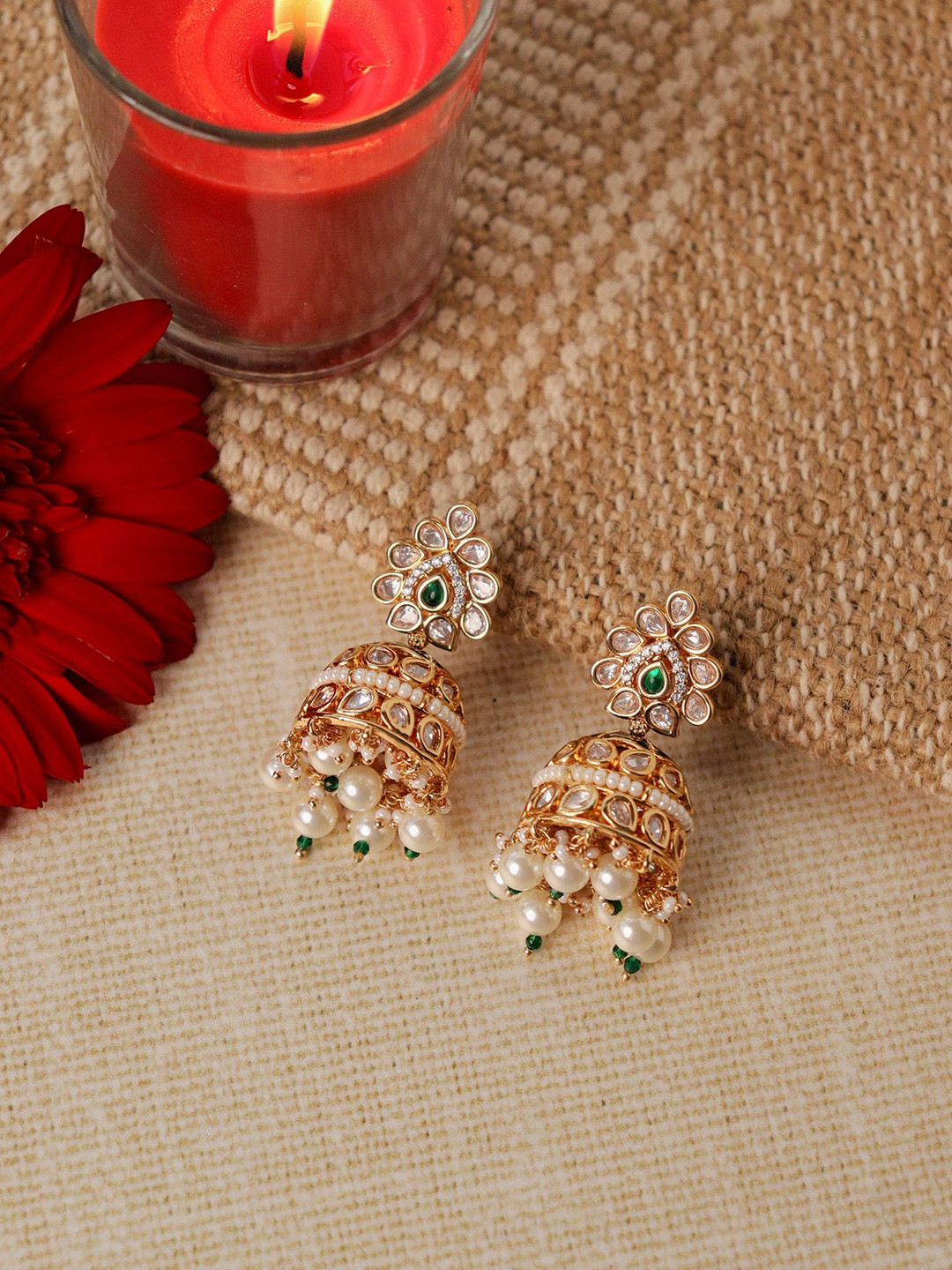 CURIO COTTAGE Gold-Plated Artificial Stone & Beads Dome Shaped Jhumkas