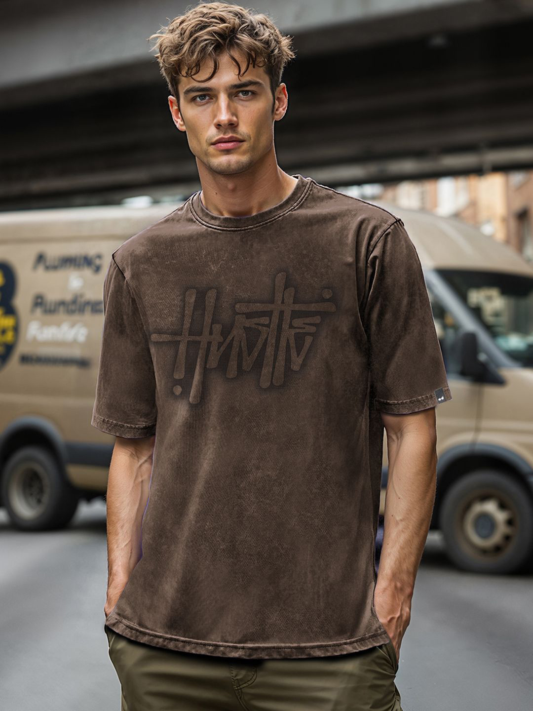 Bewakoof Men's Brown Hustle Typography Oversized Acid Wash T-shirt